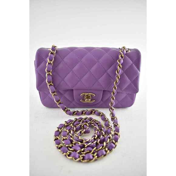 Chanel 22P Purple Gold Chain Mini Flap Rectangle CC Logo Quilted Crossbody Bag - Picture 3 of 12